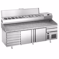 Pizzakylbänk Premium PLUS - 2305x800 mm - 2 dörrar och 7 lådor - inkl. kylränna - 11x GN 1/4
