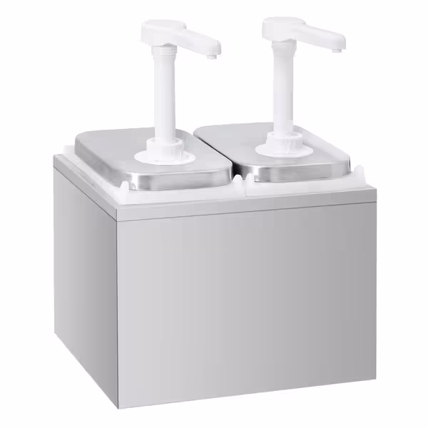 Dozator sosuri - oțel inoxidabil - 2x 2 litri - dozare 30 ml - dozaj reglabil - 255x215x325 mm - cu Recipient - incl. Suport inox dozatoare sosuri