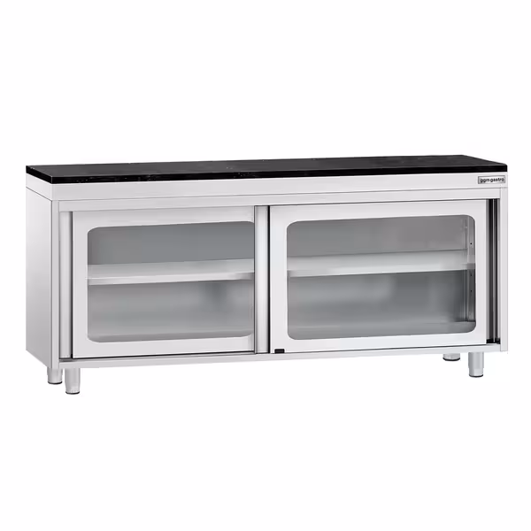 Rozsdamentes acél munkaszekrény PREMIUM – 1800x600 mm – üveges tolóajtóval – gránit munkalapmal