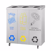 Ecoponto - Módulo de encastre - 3 compartimentos de 25L cada - 755x725x255mm - com rodas - 2 rodas com travão, autocolantes de reciclagem incluídos - Aço inoxidável