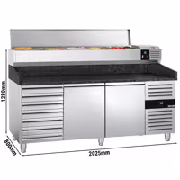 Stół chłodniczy do pizzy PREMIUM - 2025x800mm - z blatem granitowym - 2‑drzwiowy, 7 szuflad - z nadstawką chłodniczą - 10x GN 1/4