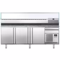 Pizzapult PREMIUM PLUS - 1980x700 mm - 3 ajtó - feltéthűtővel - 9x GN 1/4 - gránit munkalappal