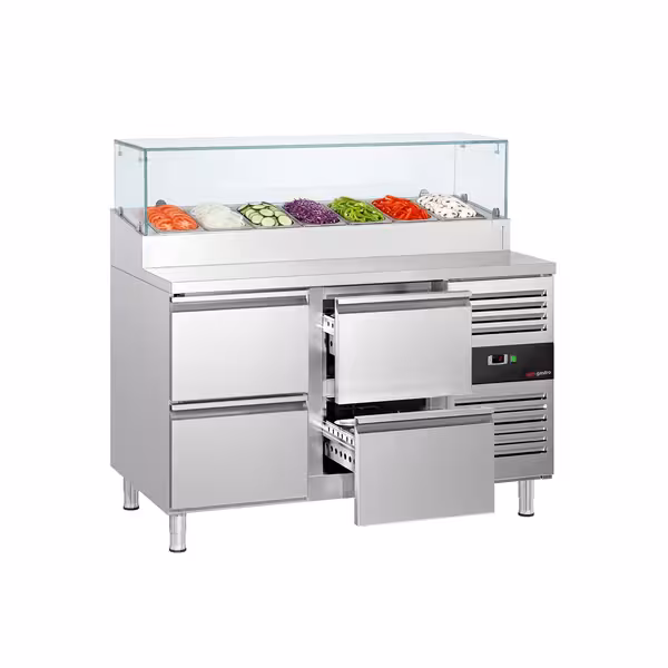 PREMIUM pripremni stol – 1360 mm – 4 ladice – s staklenom plohom – za 7 x GN 1/3