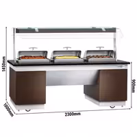 Heated Bain Marie Buffet Counter DUBLIN - 2300mm - with 3 Chafing Dishes - on Castors - Brown