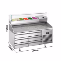 Pizzapult PREMIUM PLUS - 1490x700 mm - feltéthűtővel - 6x GN 1/4 - gránit munkalappal