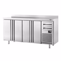 Stół chłodniczy barowy do napojów Premium PLUS – 2450 x 600 mm – z 4 drzwiami, 2 szufladami i rantem