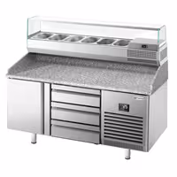 Table réfrigérée à pizza Premium PLUS - 1490x700 mm - avec 1 porte & 3 tiroirs - incl. vitrine réfrigérée - 6x GN 1/4
