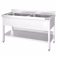 Grovdiskbänk i rostfritt stål PREMIUM - 1600x700 mm - med underhylla - 2 hoar - extra djup ho - med stänkskydd