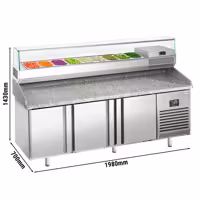 Pizzapult PREMIUM PLUS - 1980x700 mm - 3 ajtó - feltéthűtővel - 9x GN 1/4 - gránit munkalappal