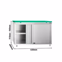 Arbetskåp i rostfritt stål PREMIUM - 1200x600 mm - med 2 skjutdörrar - inkl. skärbräda grön