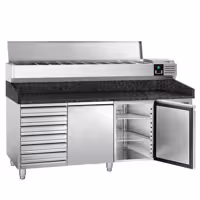 Stół chłodniczy do pizzy PREMIUM - 2025x800mm - z blatem granitowym - 2‑drzwiowy, 7 szuflad - z nadstawką chłodniczą - 10x GN 1/4