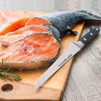 (8 tk) Nugade komplekt - sisaldab: kööginuga, kokanuga, fileerimisnuga, leivanuga, köögiviljanuga, spargelkoorija, palett, teritusteras - roostevabast terasest