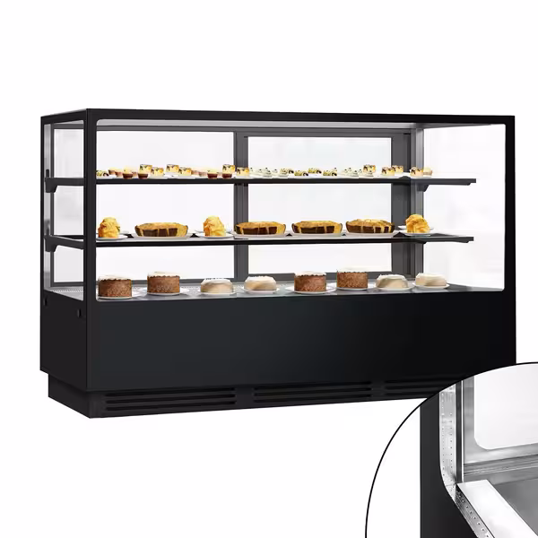 Commercial cake display fridge - 782L - 2000mm - Double glazing - square - with 2 glass shelves - rear sliding doors - for patisserie - Black