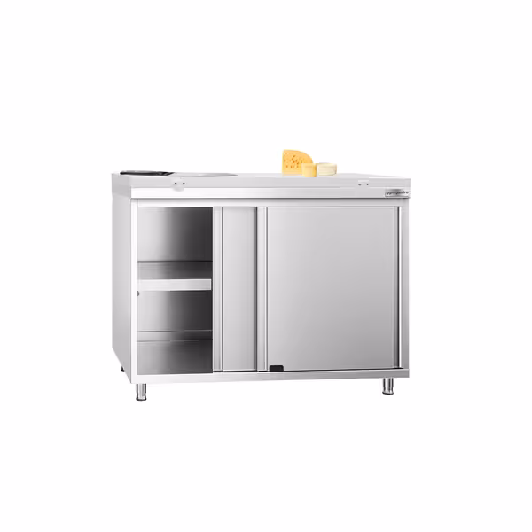 Arbetskåp i rostfritt stål PREMIUM - 1000x700 mm - med 2 skjutdörrar - inkl. skärbräda vit