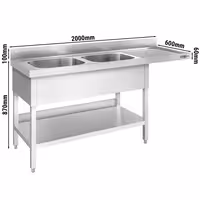 Commercial Dishwasher Sink Unit PREMIUM - 2000x600mm - Double Sink - Right Hand Drainer
