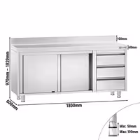 خزانة قاعدية ستانلس ستيل KOPENHAGEN PREMIUM - 1800x600mm - أبواب منزلقة، وحدة أدراج 3 يمين - مع حاجز خلفي