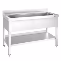 Grovdiskbänk i rostfritt stål PREMIUM - 1400x600 mm - med underhylla - 1 ho mitten - extra djup ho - med stänkskydd