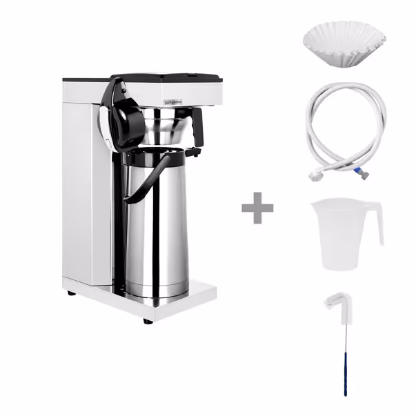 Filtre kahve makinesi profesyonel - 2,2L - 2,20 kW - manuel su beslemeli & termosa direkt demleme ile - 1 pompalı termos & filtre tutucu & 25 adet 110mm filtre & temizlik fırçası & ölçü kabı dahil