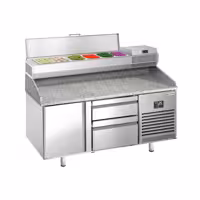 Pizzapult PREMIUM PLUS - 1490x700 mm - 1 ajtó + 2 fiók - feltéthűtővel - 6x GN 1/4 - gránit munkalappal