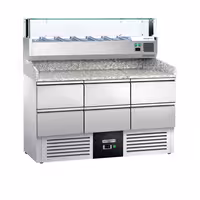 Table réfrigérée à pizza PREMIUM - 1400 x 700 mm - avec 6 tiroirs 1/2 - incl. vitrine réfrigérée 6 x GN 1/4
