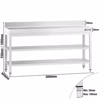 طاولة عمل ستانلس ستيل PREMIUM - 2000x600mm - مع رف سفلي & حاجز خلفي & رف وسطي & تدعيم