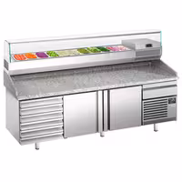 Table réfrigérée à pizza Premium PLUS - 2305x800 mm - avec 2 portes & 7 tiroirs - incl. vitrine réfrigérée pour ingrédients - 11 bacs GN 1/4