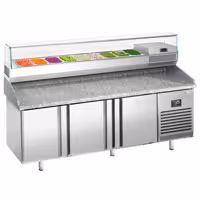 Pizzapult PREMIUM PLUS - 1980x700 mm - 3 ajtó - feltéthűtővel - 9x GN 1/4 - gránit munkalappal
