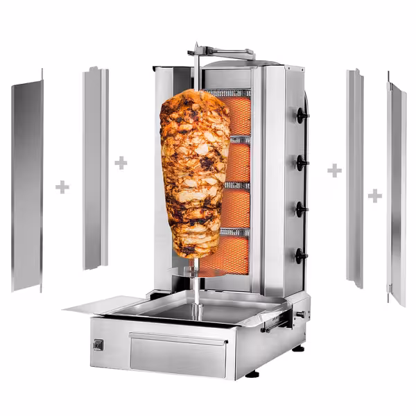 Gas Doner Kebab Grill (Shawarma/Gyros) - 4 Burner - up to 60kg - 13kW - Countertop - incl. 2 splash guards & 2 double doors