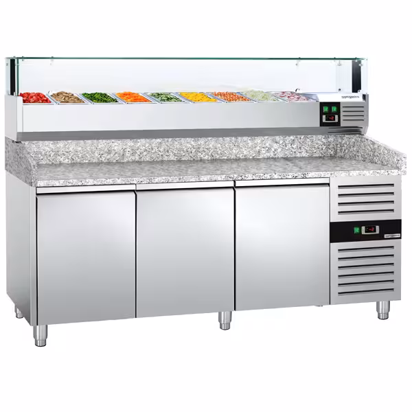 Stół chłodniczy do pizzy ECO – 2000 x 800 mm – z 3 drzwiami – z witryną nadstawną chłodniczą LED na 9x GN 1/3